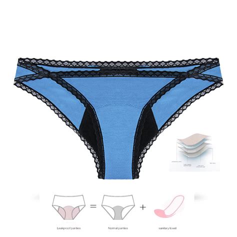 Intiflower Cotton Bamboo Fiber Breathable Sexy Lace Thong Blue Comfortable 4 Layer Period