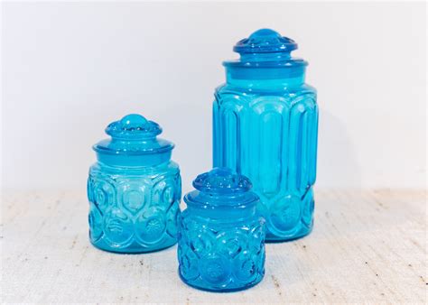 Le Smith Moon And Stars Blue Glass Canister Set Of 3 Etsy Glass Canister Set Glass
