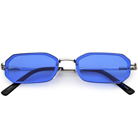 Small Rimless Rectangle Sunglasses Color Tinted Lens 53mm Silver Blue