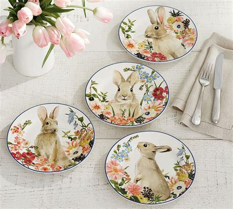 Pottery Barn Floral Bunny Salad Plate Set Of 4 49 Bunny Plates