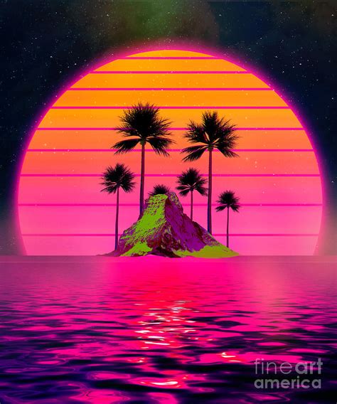 Synthwave Retro 80s Sunset Beach Island With Palms T Design Digital