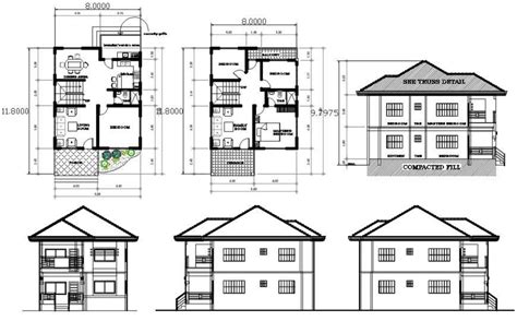 Two Story House Main Elevation And Floor Plan Cad Dra