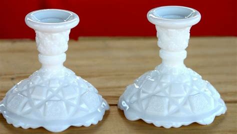 Pair Of Vintage Westmoreland Old Quilt Milk Glass Candle Sticks Ebay Milk Glass Candle