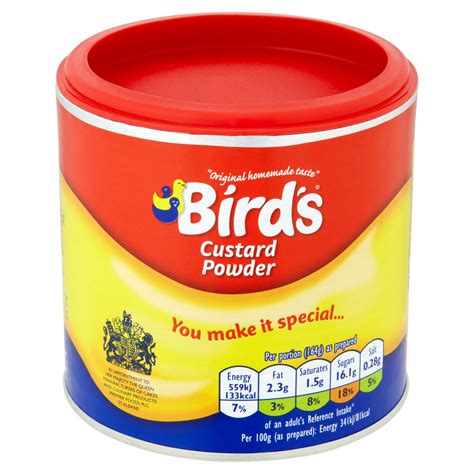 N a powder containing cornflour, sugar, etc, for thickening milk to make a yellow sauce. Bird's Custard Powder 300g | Tinned Fruit, Desserts ...