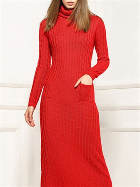 Red Wool Long Sleeve Turtleneck Midi Dress SexyPlus Turtleneck Midi