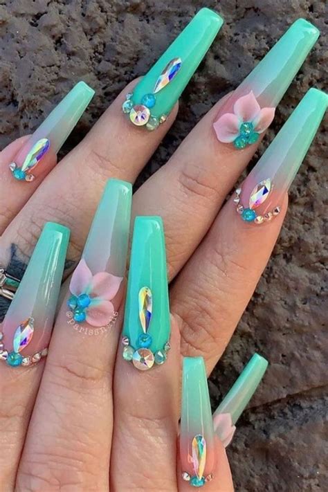 Beautiful Coffin Acrylic Nails With Flower For May Nails