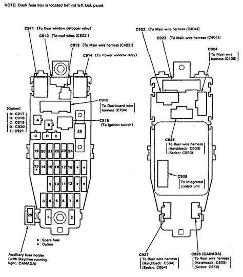 Stop lamps, windshield wiper, hazard lamp, 3rd brake light, headlamps, tail lamps, parking lamps, side marker lamps, instrument cluster illumination lamps, license plate lights, turn signal. Acura Integra (1992 - 1993) - fuse box diagram - Auto Genius