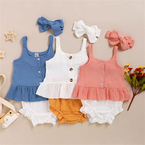 Newborn Baby Girl Summer Clothes Set Cotton Linen Solid Button