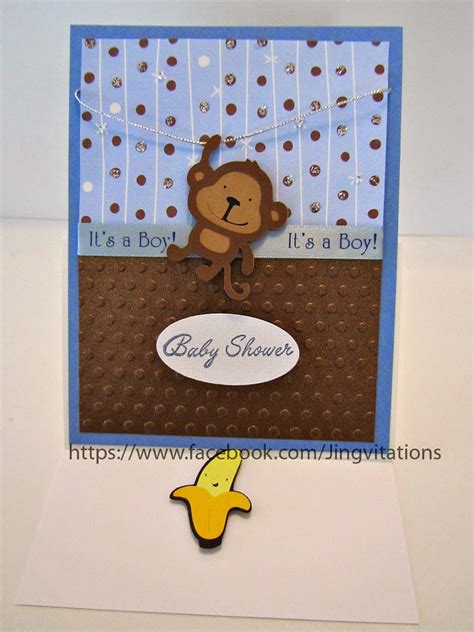 Either you can go for a green jungle theme, or a baby blue (pink) color theme featuring brown monkeys, both of them are lovely and fit as a background colors for lively brown monkeys. Jingvitations: Monkey Theme for Baby Shower Invitations