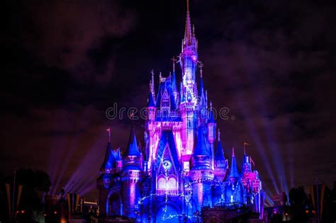 Illuminated And Colorful Cinderella Castle In One Upon A Time Show At