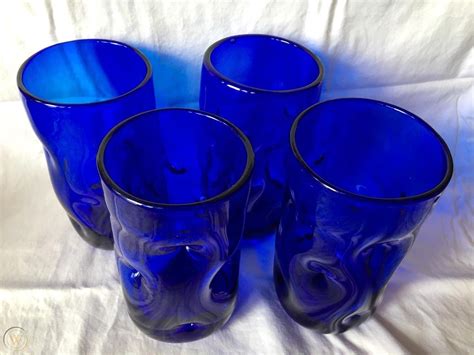 Set O 4 Vintage Blenko Cobalt Blue Pinched Thumbprint Art Glass Drinking Tumbler 1923979797