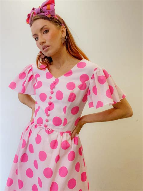 Vintage Polka Dot Print Dress Pink And White Cape Sleeves Etsy