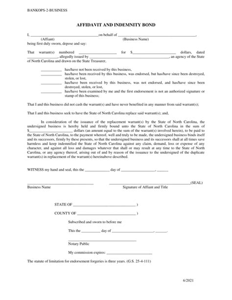 North Carolina Affidavit And Indemnity Bond For A Business Download