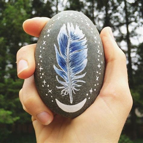 Blue Moon Feather Painted Rock Painted Stone Stone Painting