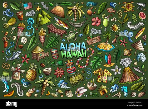 Colorful Vector Doodle Cartoon Set Of Hawaii Objects And Symbols Stock