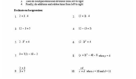 Order of Operations Worksheet for 9th - 10th Grade | Lesson Planet