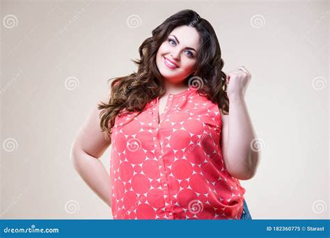 Happy Plus Size Fashion Model In Casual Clothes Cheerful Fat Woman On