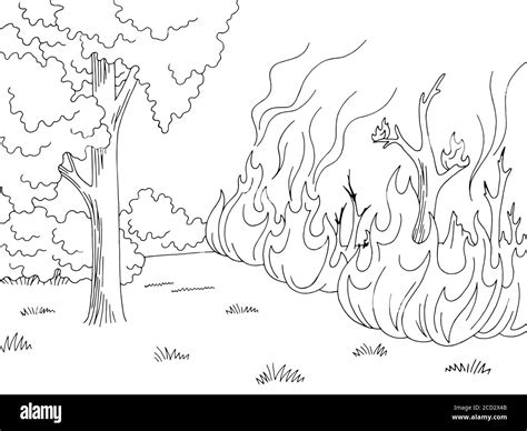 Wildfire Graphic Black White Forest Fire Landscape Sketch Illustration