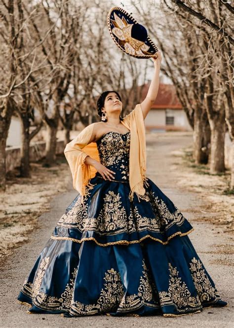 Blue Gold Charro Dress Quince Dresses Mexican Pretty Quinceanera