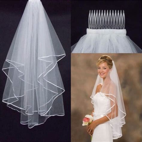 Elegant White 2 Tier Bridal Veil Beautiful Ivory Cathedral Short Wedding Veils Lace Edge With