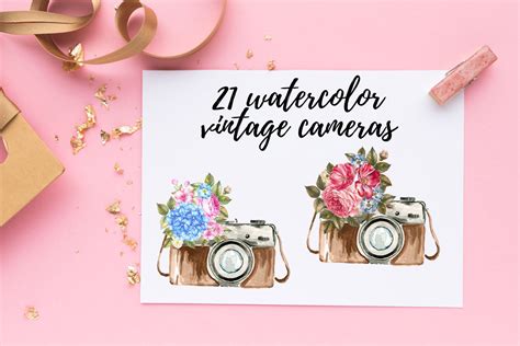 Floral Vintage Camera Clipart Retro Watercolor Photo Tape Etsy In