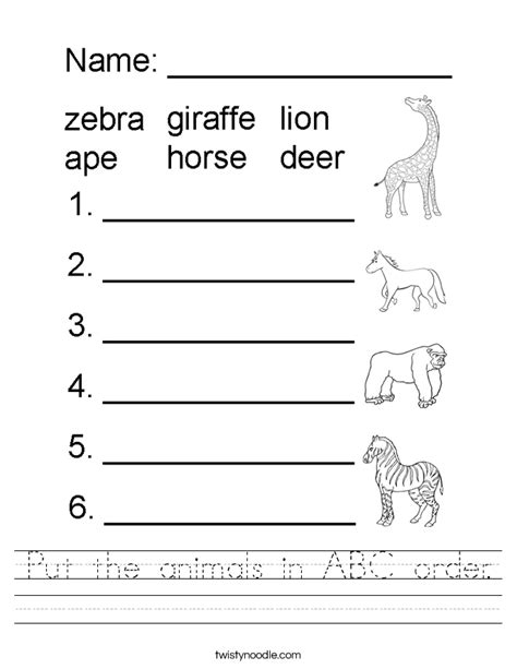 In what way are the items separated? Put the animals in ABC order Worksheet - Twisty Noodle