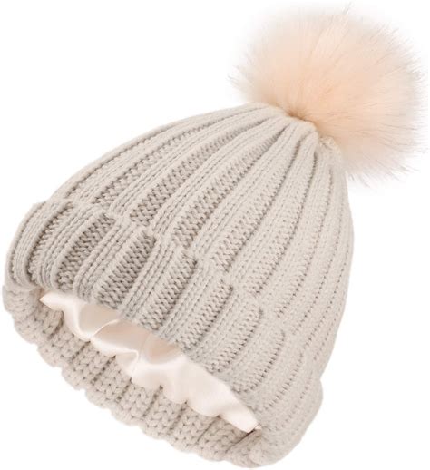 Womens Satin Lined Pom Beanies Winter Knitted Pom Hat With Silk Satin