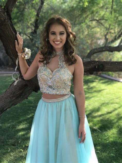 Two Piece Prom Dresses High Neck A Line Long Beading Chic Prom Dress J
