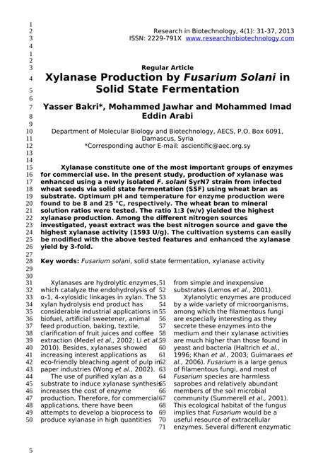 Pdf Xylanase Production By Fusarium Solani In Solid State Fermentation