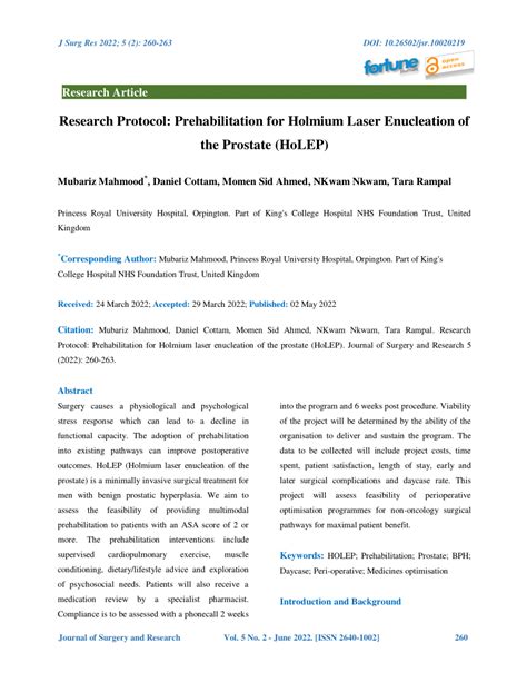 Pdf Research Protocol Prehabilitation For Holmium Laser Enucleation Of The Prostate Holep