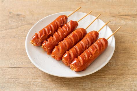 Fried Sausage Skewer On White Plate 2797478 Stock Photo At Vecteezy