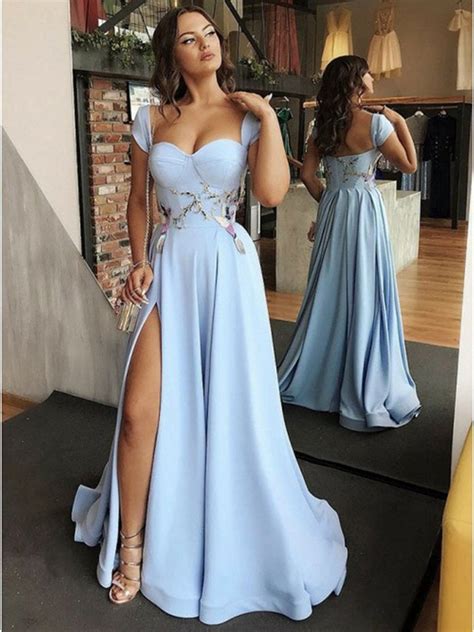 Custom Made Sweetheart Neck Light Blue Prom Dresses With Side Slit Li