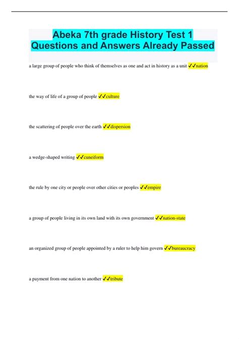 Abeka 7th grade History Bundled Exams Questions and Answers Multiple