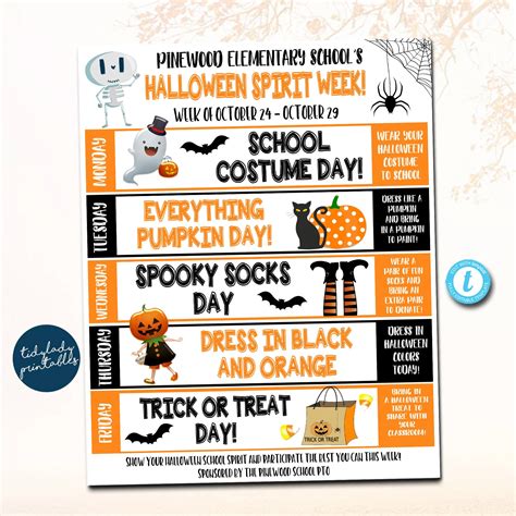 Halloween School Spirit Week Itinerary Schedule Daily Weekly Etsy