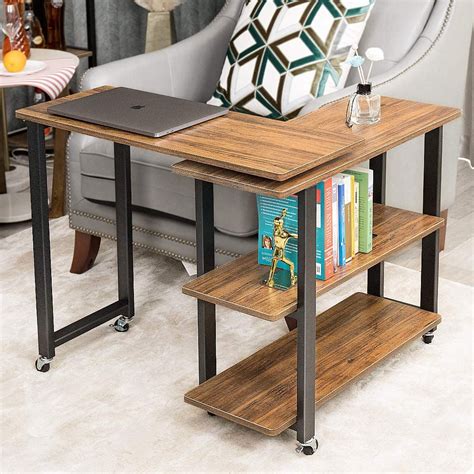 Multifunctional Rotating End Table With Shelves And Caster Wheels Metal