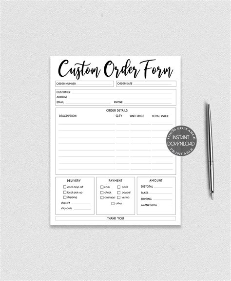 Custom Order Form Template Printable Crafters Order Form Etsy