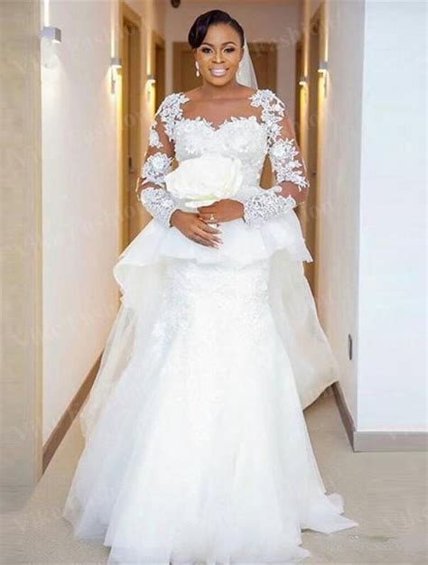 African Mermaid Wedding Dresses With Lace Applique Sheer Neck Long Sleeves Wedding Gowns With