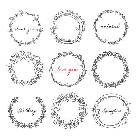 Hand Drawn Floral Wreath Set In Doodle Style Stock Vector