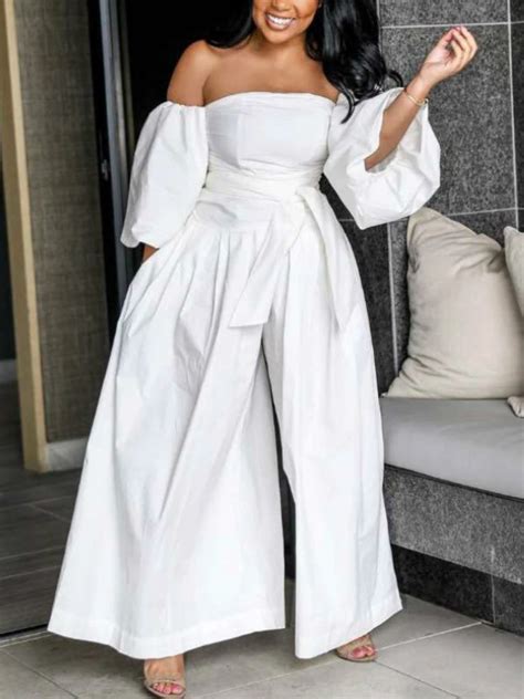 White Off Shoulder Jumpsuit Wide Leg Loose Puff Sleeves With Waist Belt