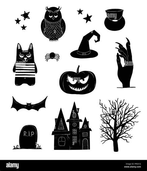 Halloween Vector Clip Art Black And White Pumpkin Owl Witch Bat