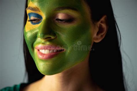 Female Football Fan With Painted Brazilian Stock Photo Image Of