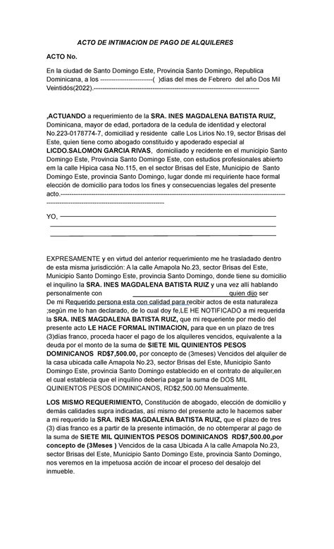 Acto De Intimacion De Pago De Alquileres Acto De Intimacion De Pago