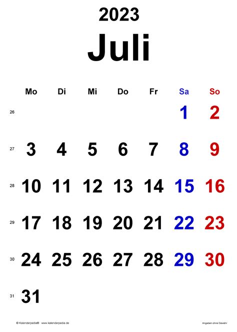 Kalender Juli 2023 Als Word Vorlagen