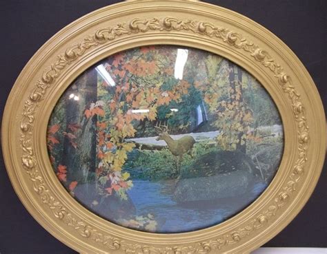Antique Oval Gold Picture Frame Convex Glass Autumn Fall Deer Print Ornate Wood Gesso Gold