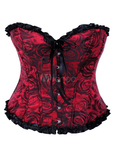 Red Corsets Set Sweetheart Neck Sleeveless Ruffles Rose Print Lace Up Sexy Corset With T Back
