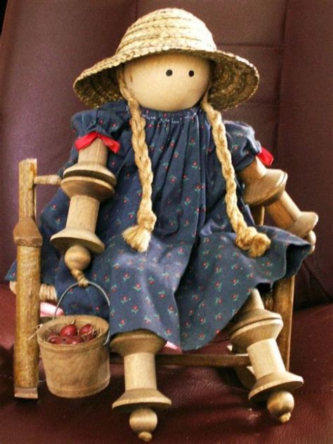 Vintage Folk Art Spool Doll And Thatched Smallwoodcrafts