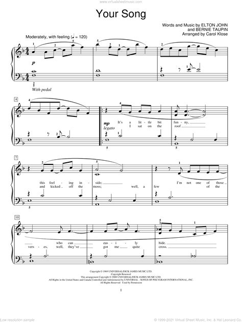 John Your Song Sheet Music Beginner For Piano Solo Elementary
