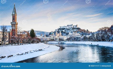 Salzburg Skyline With River Salzach In Winter Austria Stock Image
