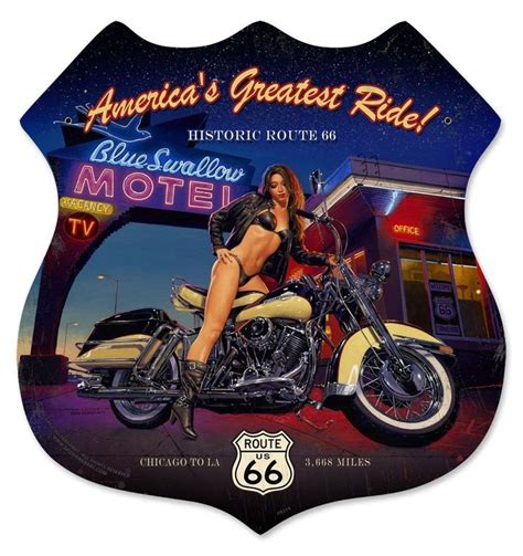 Route 66 Blue Swallow Motel Motorcycle Pin Up Girl Art On Metal Sign By Greg Hildebrandt
