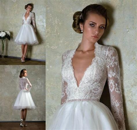 2014 New Short Custom Size Bridal Gown V Neck Lace Long Sleeve Wedding